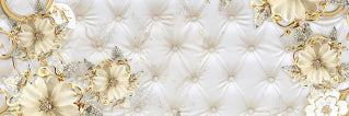 White soft bag adorned with golden floral wallpaper murals