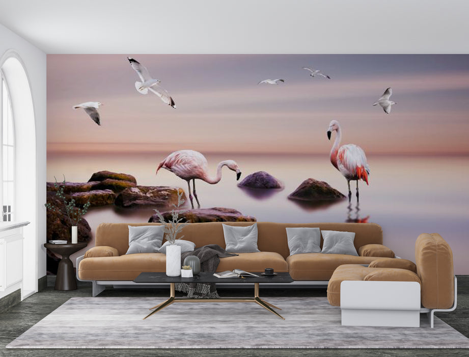 Wallpaper flamingos standing on rocks