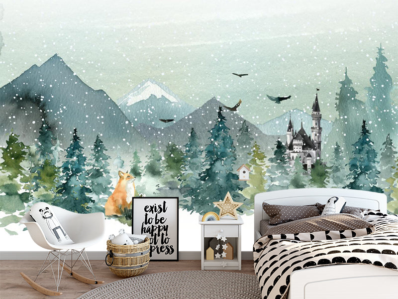 The wallpaper has a mysterious feeling, with a forest covered in snow in the picture