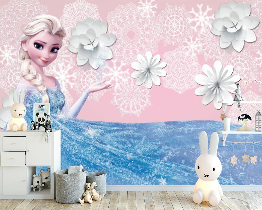 Elsa is wearing a blue ice dress, wallpaper, and mural