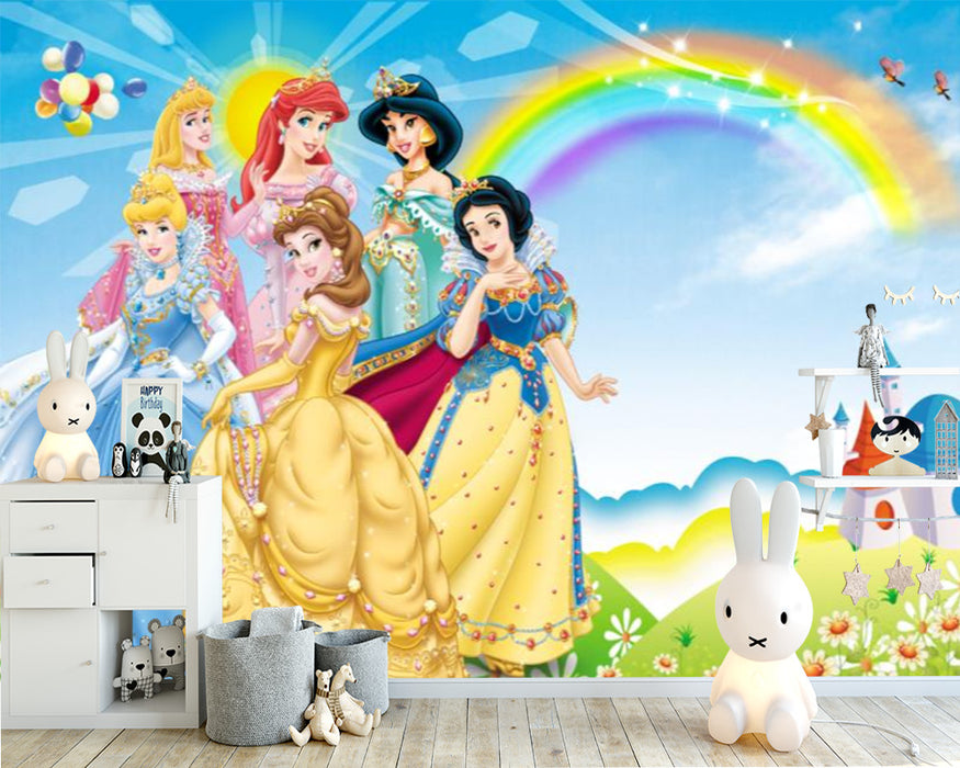 There are rainbows, castles, flowers, and blue skies, white clouds, and princess wallpaper murals