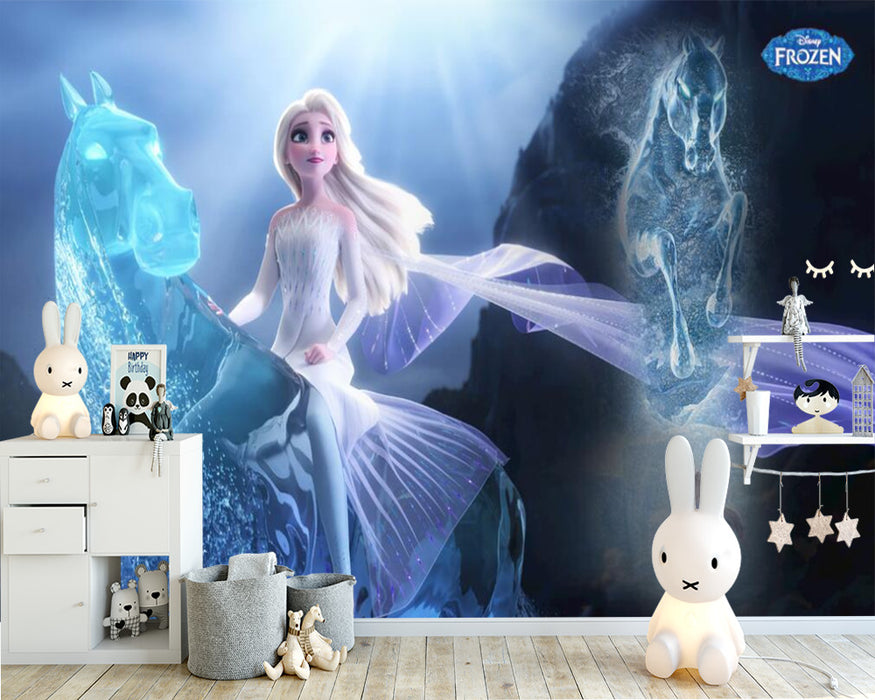 Elsa. Horse, wearing a white long dress, dreamy princess wallpaper mural