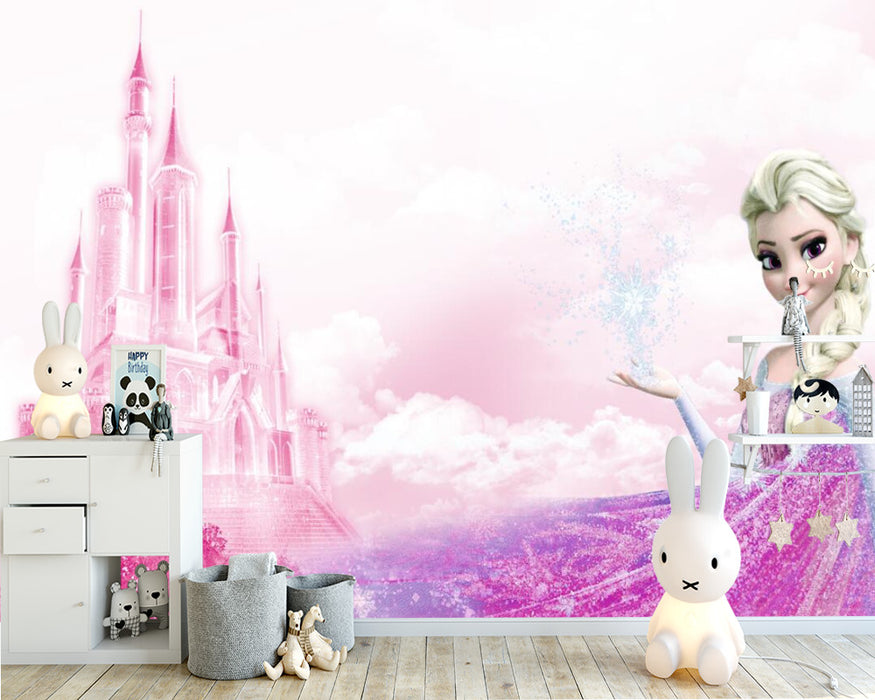 Princess Elsa. Purple long dress, long hair braids, snowflake mural wallpaper