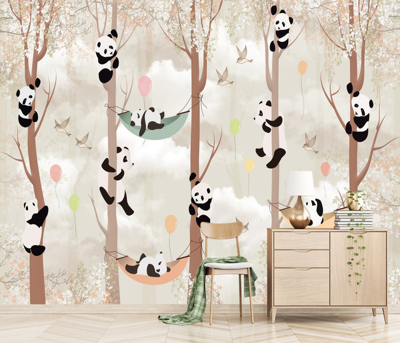 Cute and playful panda branches, bird wallpapers, murals