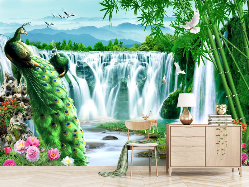 Emerald bamboo forest waterfall, wallpaper murals