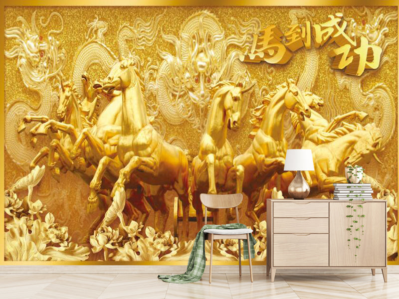 Eight galloping golden horses, wallpaper murals