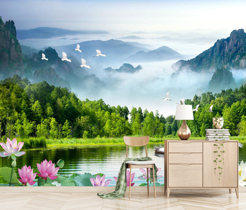 Lotus flowers float on the lake, with wallpaper and murals