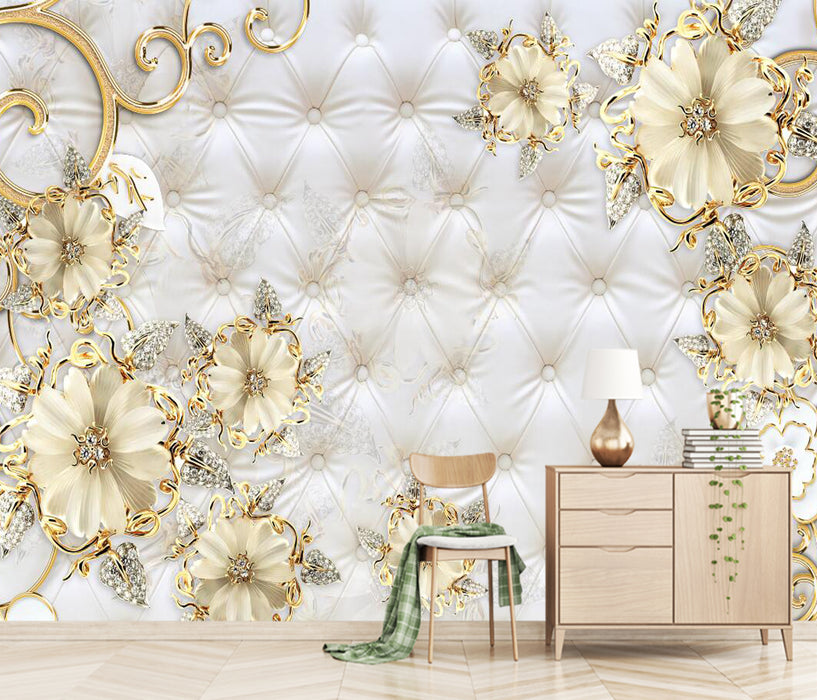 White soft bag adorned with golden floral wallpaper murals