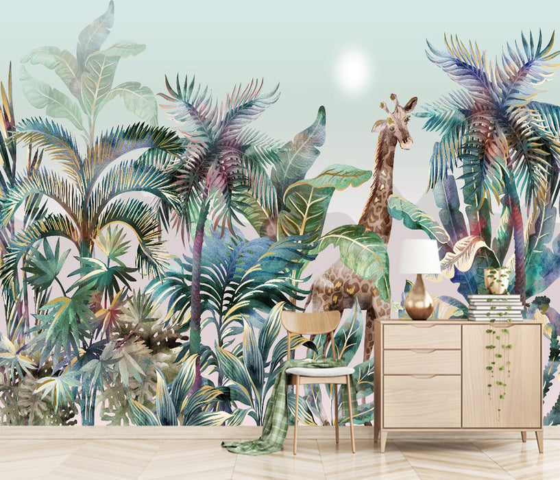 Wallpaper vivid tropical jungle with emerald green palm leaves