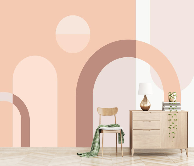 The rounded curved elements of the wallpaper are arranged in a staggered manner