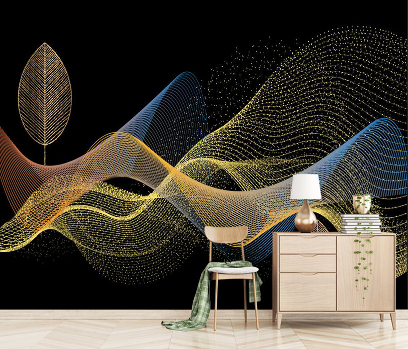 Black background, gold and blue line wallpaper mural