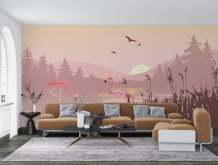 Wallpaper with two pink flamingos