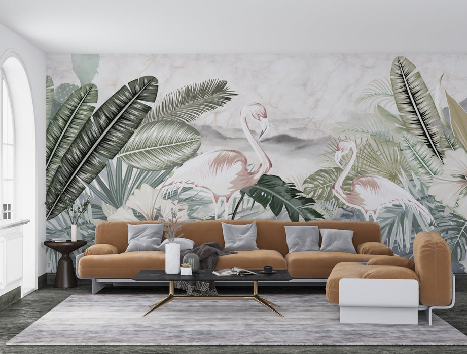 Wallpaper with palm leaves and white tropical flowers