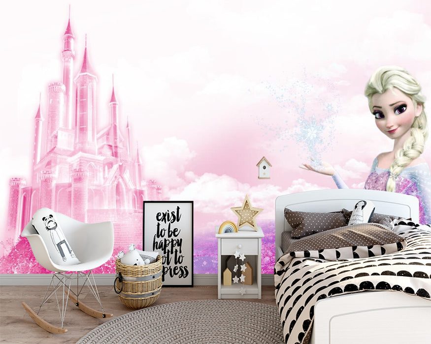 Princess Elsa. Purple long dress, long hair braids, snowflake mural wallpaper