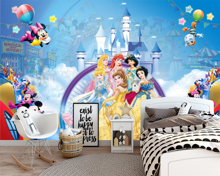 There are rainbows, castles, flowers, and blue skies, white clouds, and princess wallpaper murals