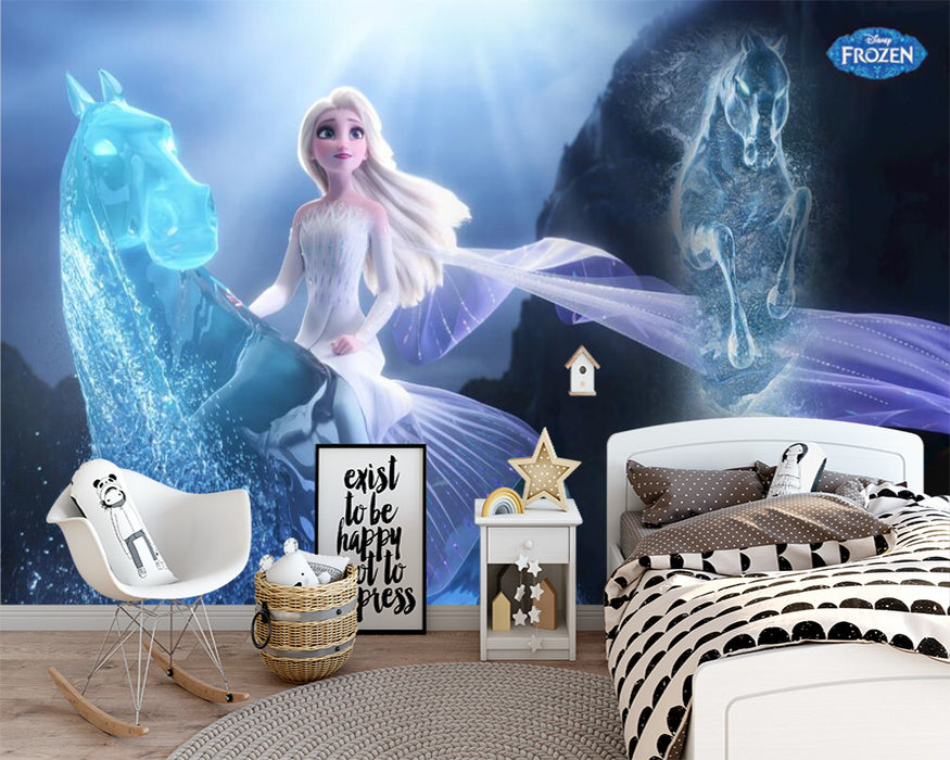 Elsa. Horse, wearing a white long dress, dreamy princess wallpaper mural