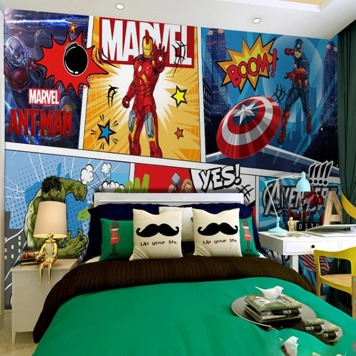 Wallpapers and murals featuring superheroes such as Iron Man, Captain America, Thor, and Hulk