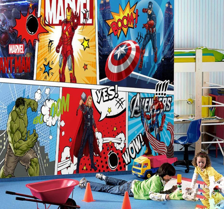 Wallpapers and murals featuring superheroes such as Iron Man, Captain America, Thor, and Hulk