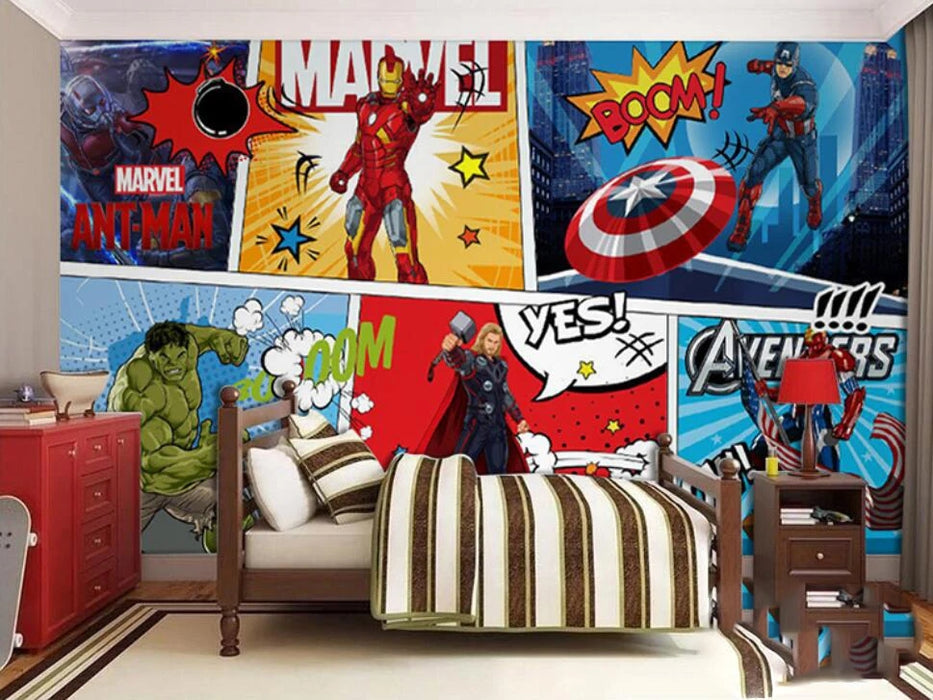 Wallpapers and murals featuring superheroes such as Iron Man, Captain America, Thor, and Hulk