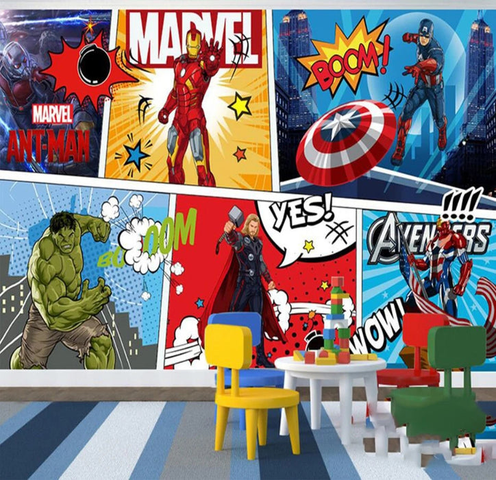 Wallpapers and murals featuring superheroes such as Iron Man, Captain America, Thor, and Hulk