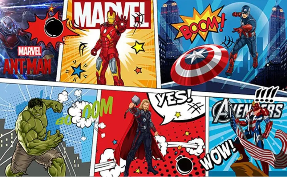 Wallpapers and murals featuring superheroes such as Iron Man, Captain America, Thor, and Hulk