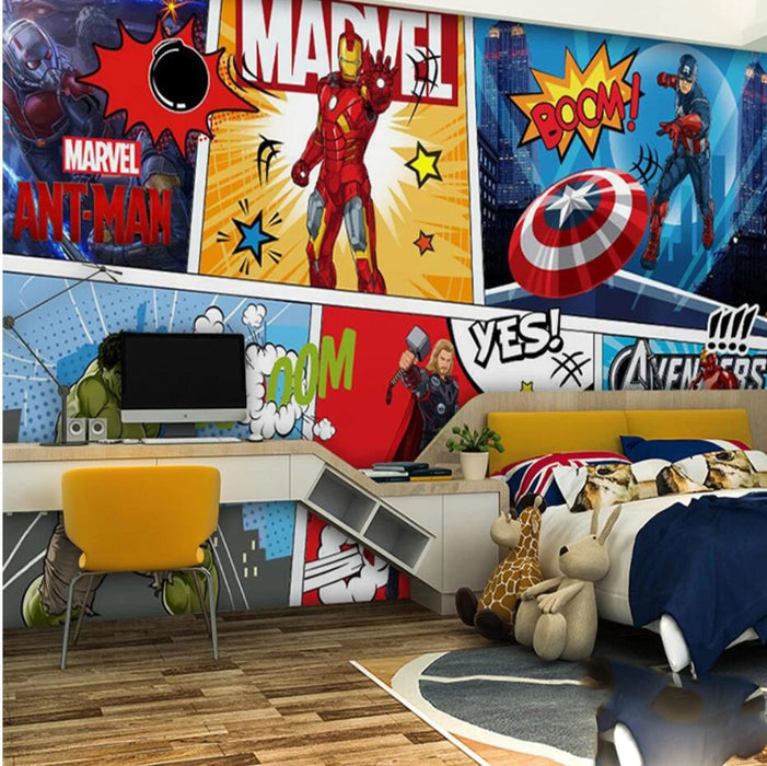 Wallpapers and murals featuring superheroes such as Iron Man, Captain America, Thor, and Hulk