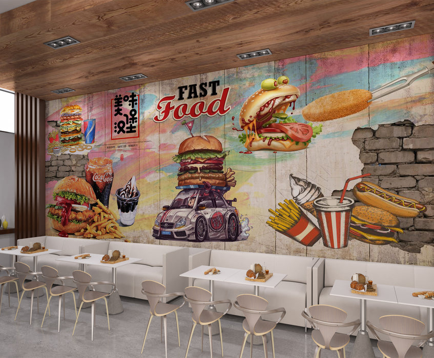 Vibrant wallpaper murals featuring hamburgers, french fries, cola, and ice cream