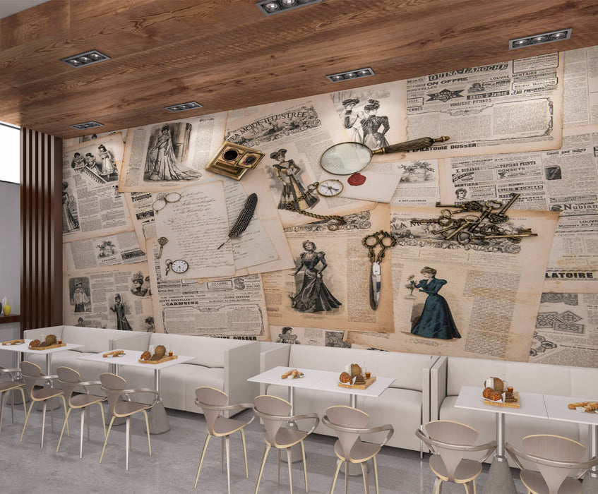 Yellowing old newspaper wallpaper murals