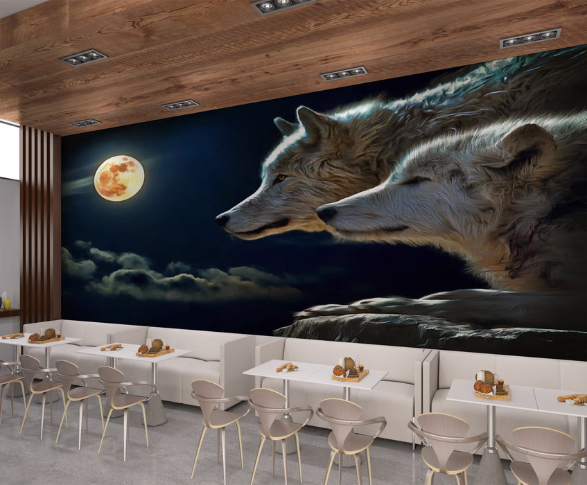 Wallpaper wolf silently gazes into the distance under the moonlight