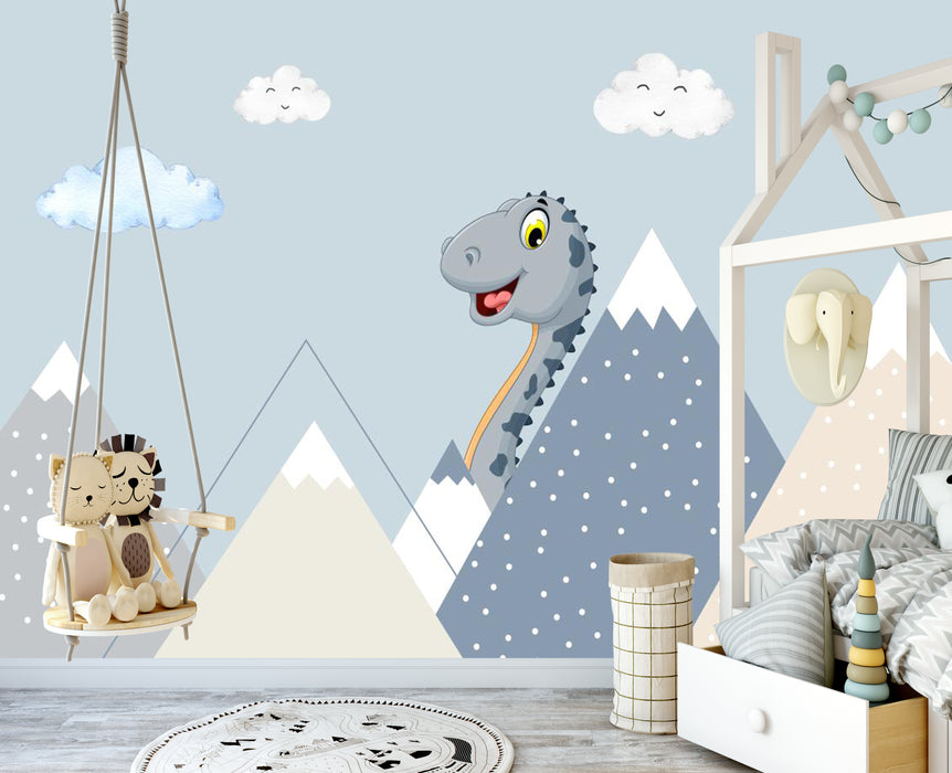 Children's room wallpaper: A cute dinosaur peeks out its head from behind the mountain peak