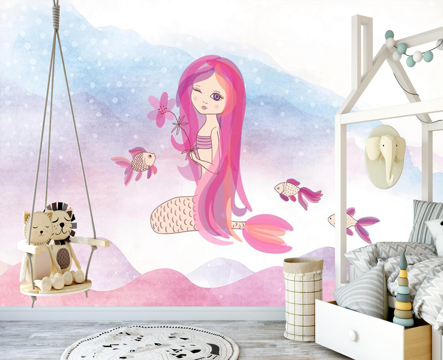 Children's dreamy color pink mermaid, wallpaper mural