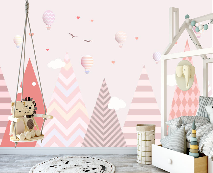 Children's style wallpaper murals of several mountain peaks