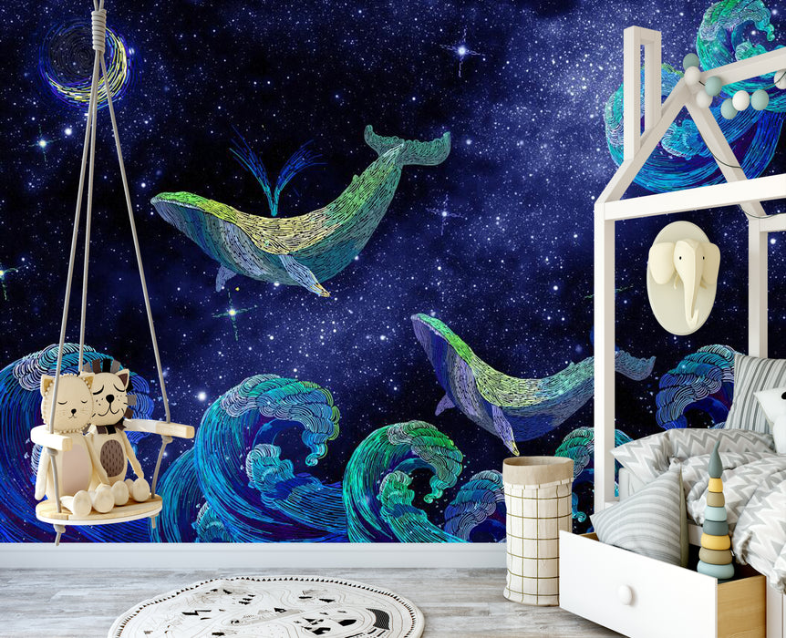 Several colorful whale wallpaper murals