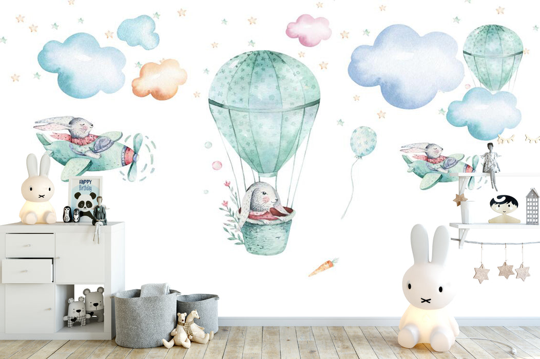 Wallpaper cute little animals sitting in hot air balloons and small planes