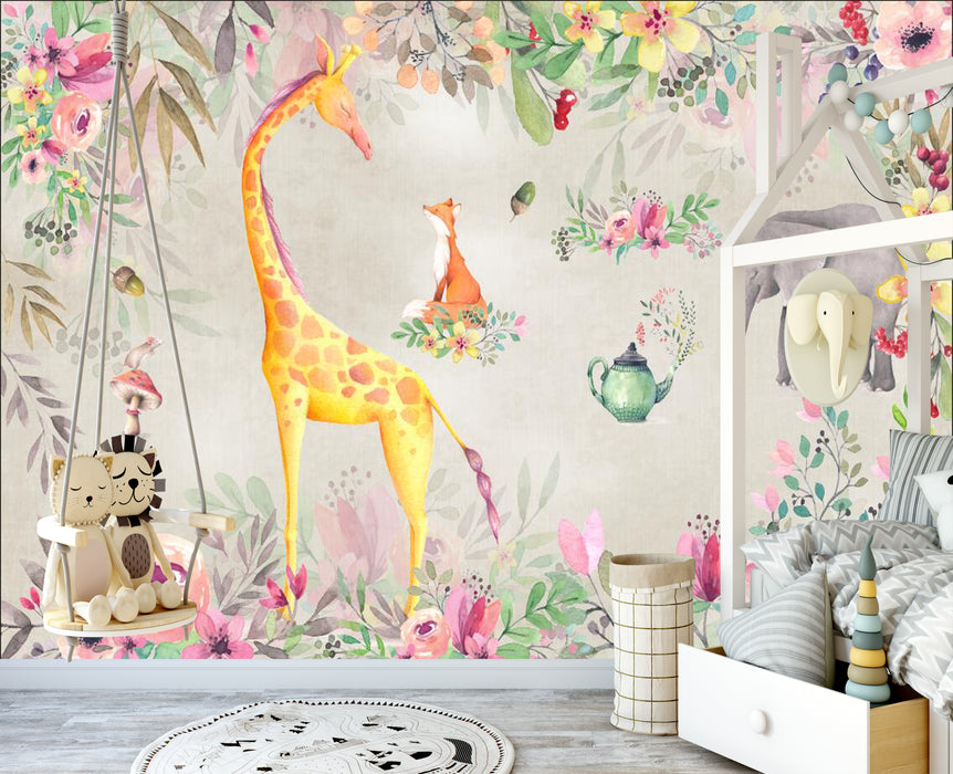 Giraffes, elephants, foxes, cute animal wallpaper murals