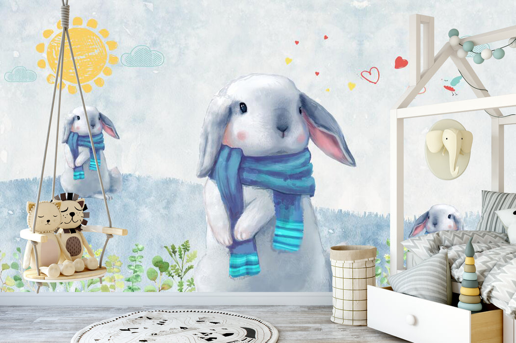 Wallpaper murals are warm and cute, with rabbits wearing blue scarves,