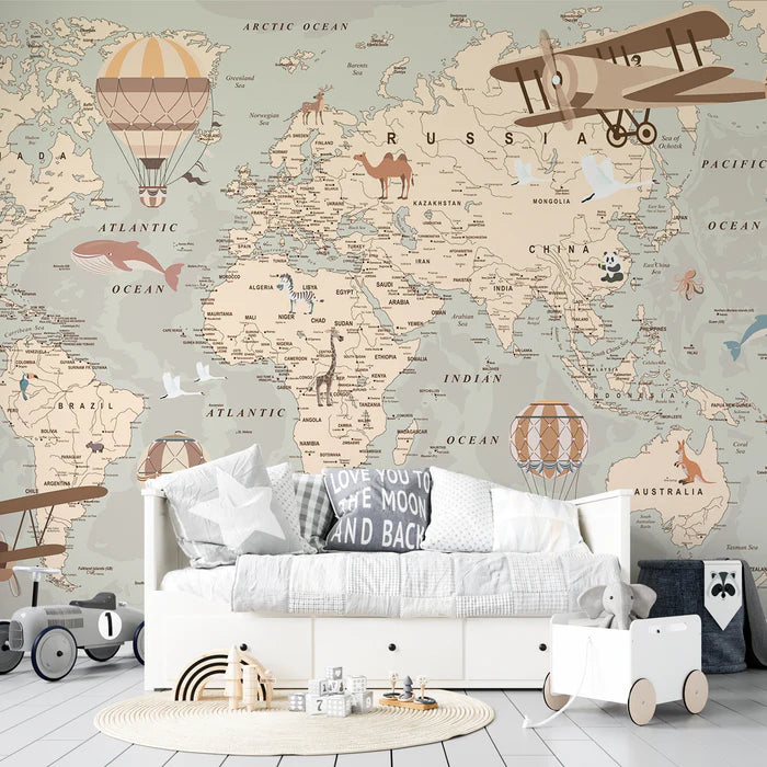 Wallpaper for children's room, world map