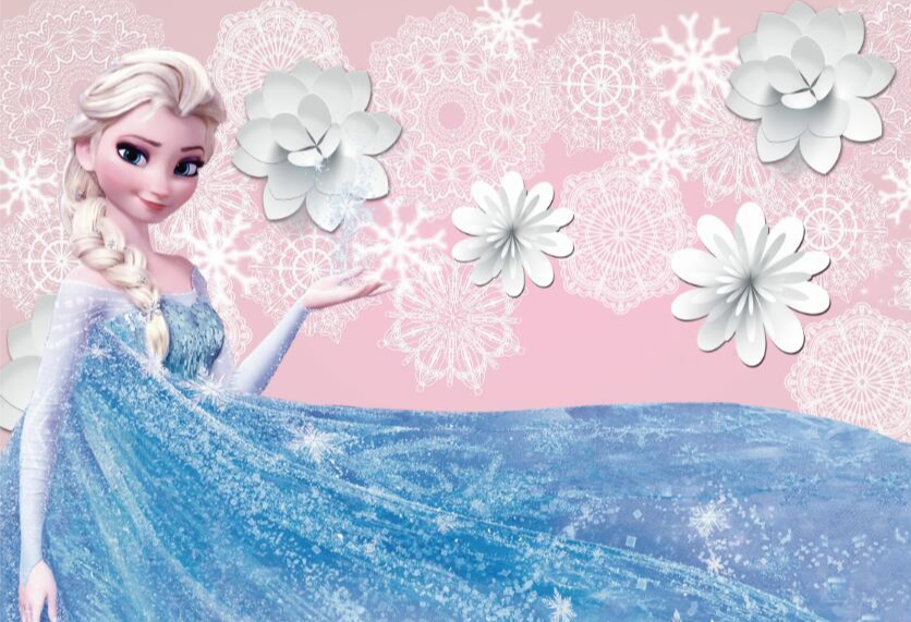 Elsa is wearing a blue ice dress, wallpaper, and mural