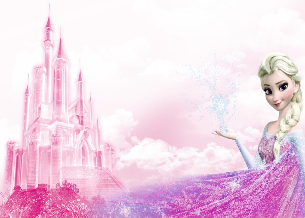 Princess Elsa. Purple long dress, long hair braids, snowflake mural wallpaper