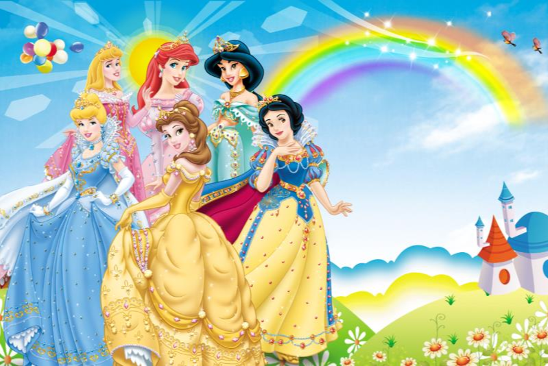 There are rainbows, castles, flowers, and blue skies, white clouds, and princess wallpaper murals