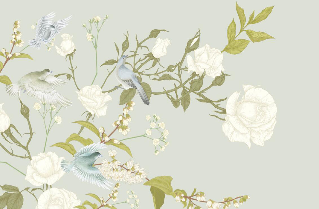 Wallpaper with white flowers blooming among them