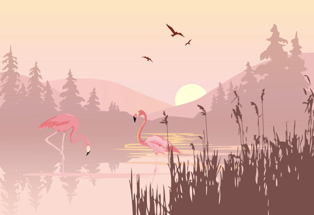 Wallpaper with two pink flamingos