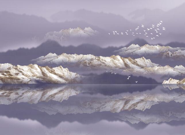 Snowy mountains faintly appear in the wallpaper mist