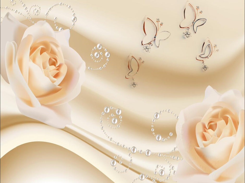 Wallpaper with two blooming cream colored roses