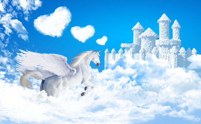 Wallpaper: A white flying horse soaring between the blue sky and white clouds