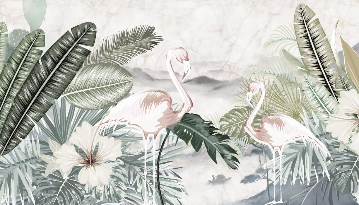 Wallpaper with palm leaves and white tropical flowers