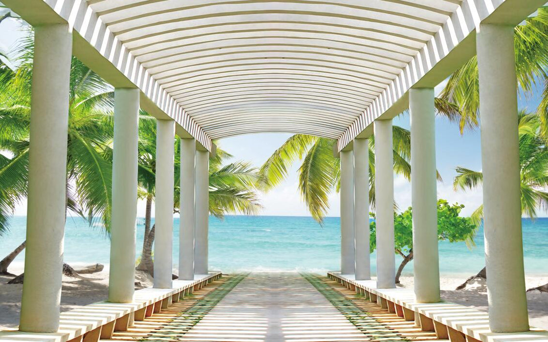 Wallpaper: The long corridor by the seaside, with white columns neatly arranged