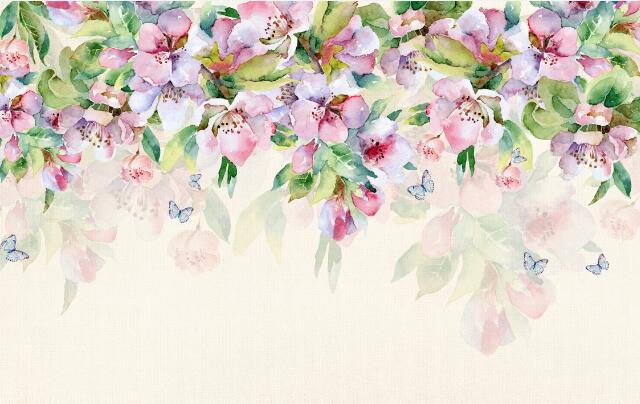 Wallpaper with pink flowers and emerald green leaves