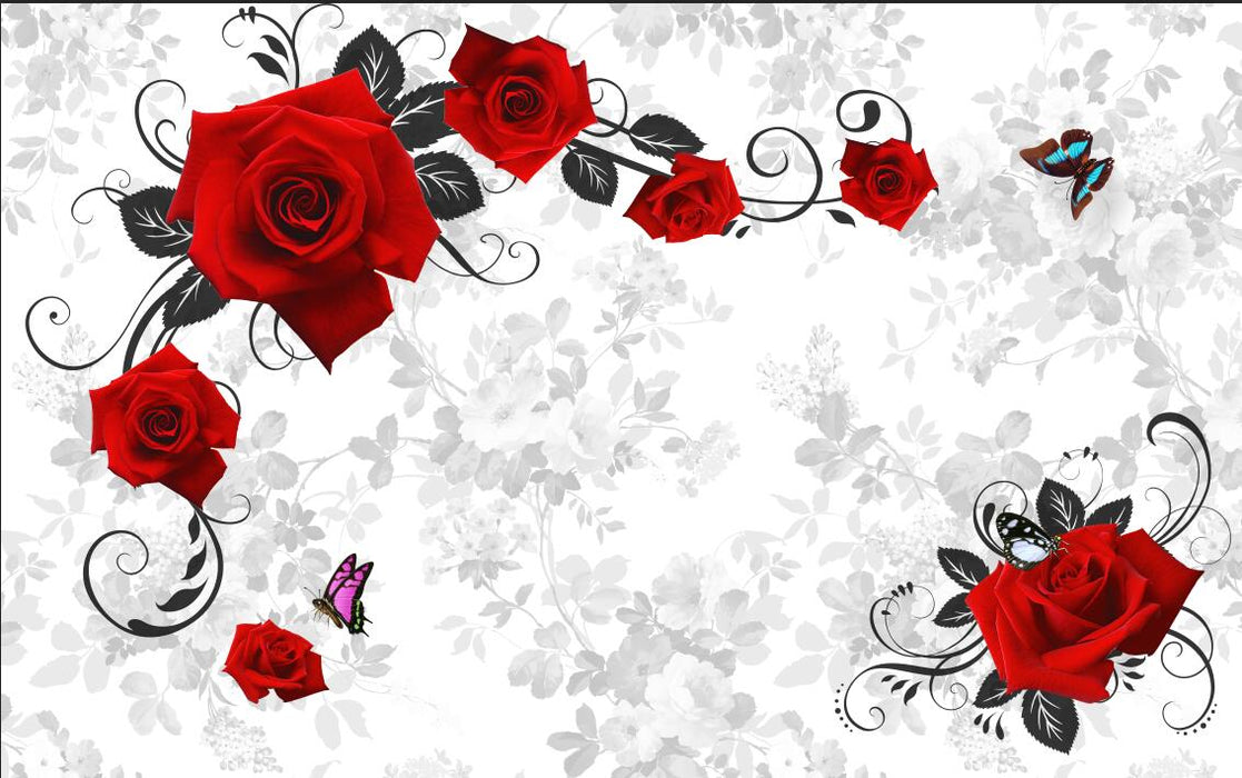 Wallpaper with vibrant red roses