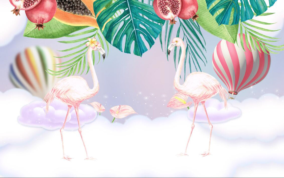 Modern wallpaper with pink flamingos standing on clouds